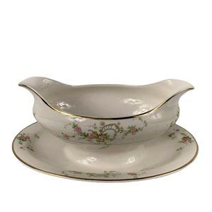 Pope Gosser Gwendolyn Gravy Boat Underplate Pink Roses Gray Scrolls Vintage